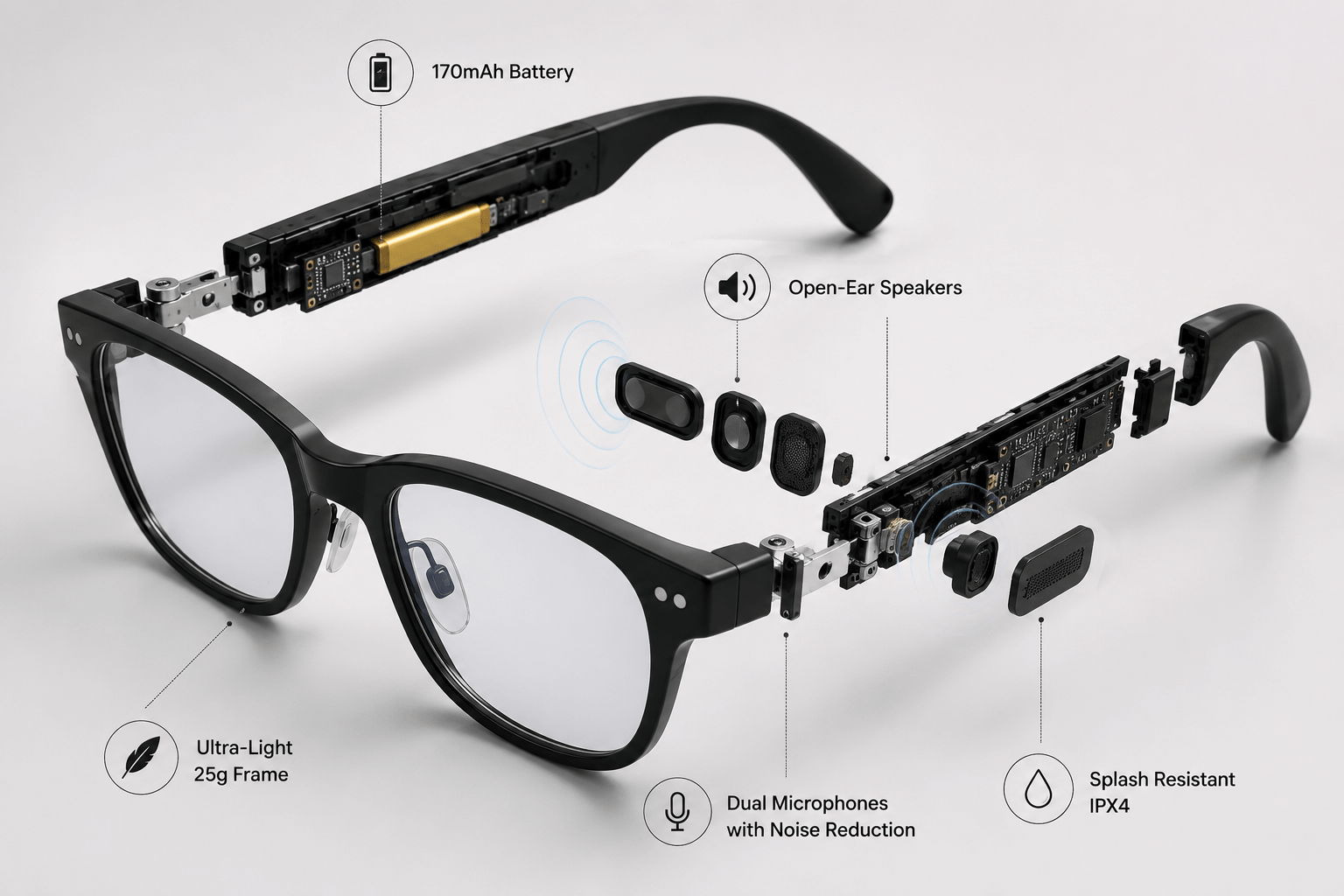 Exploded view of Vital Smart Glasses showing lightweight frame, battery and speaker components.