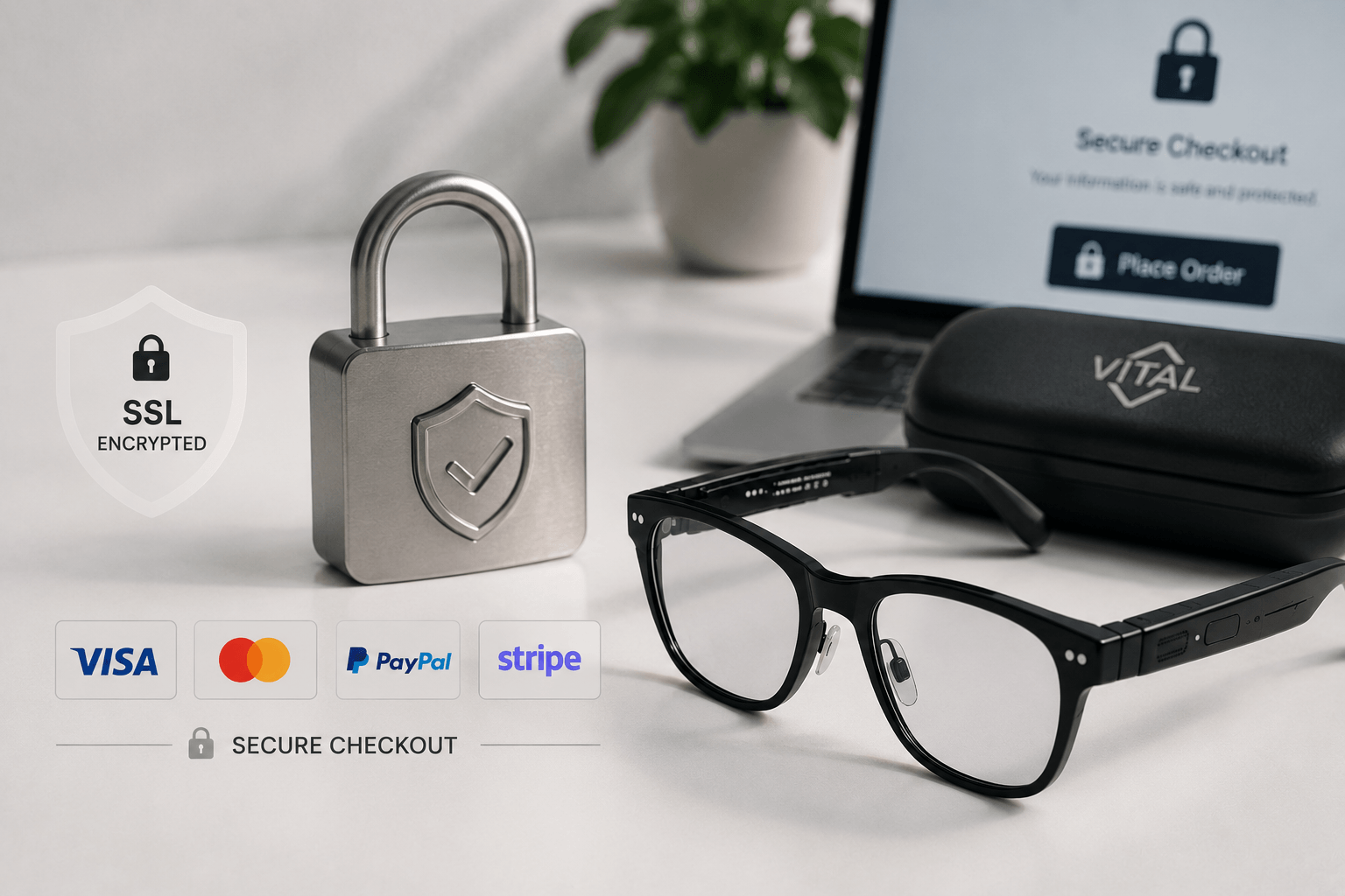 Lock icon representing secure SSL‑encrypted checkout for Vital Smart Glasses.