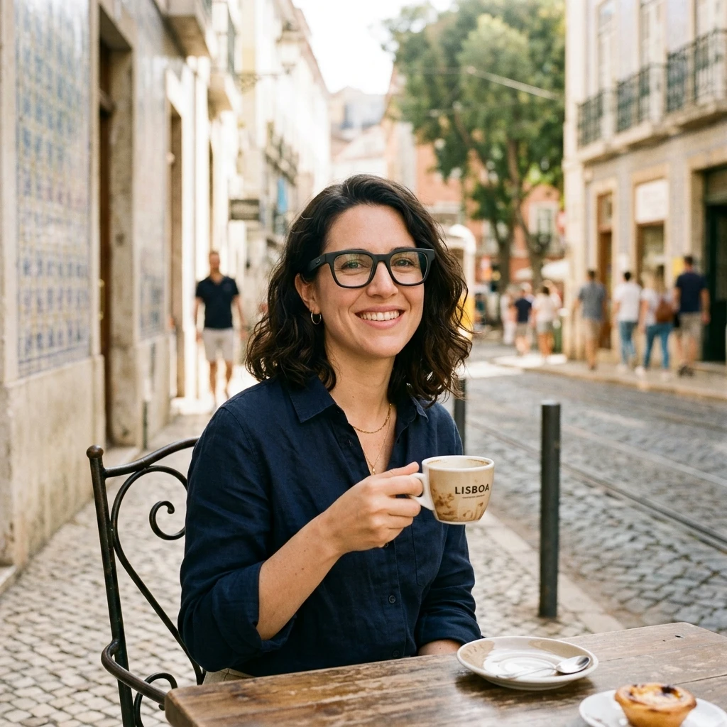 Megan Reynolds wearing Vital Smart Glasses at an outdoor café in Lisbon, Portugal