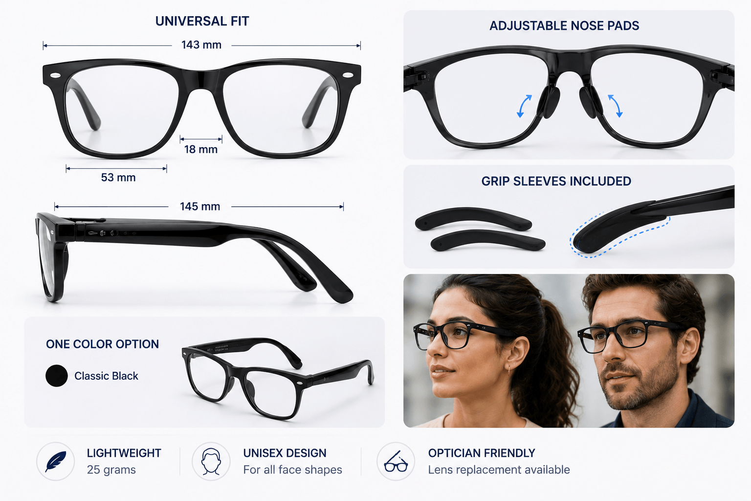 Illustration showing Vital Smart Glasses measurements and adjustable nose pads for a universal fit.