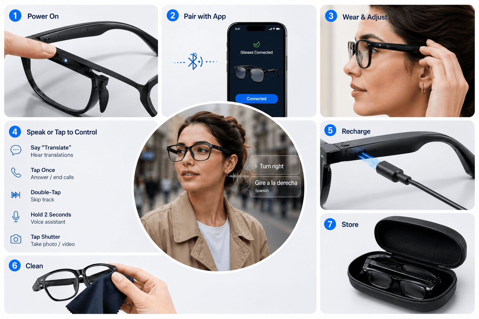 Step‑by‑step instructions showing a user pairing Vital Smart Glasses via the Ear Dance app and controlling translations and calls.