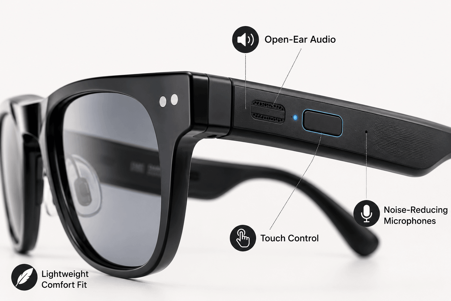 Close‑up of Vital Smart Glasses showing built‑in speakers and touch controls on the frame.