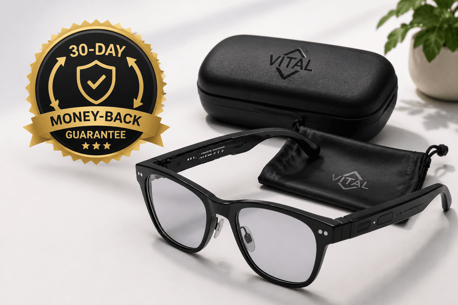 30-day money-back guarantee badge beside Vital Smart Glasses and protective pouch.