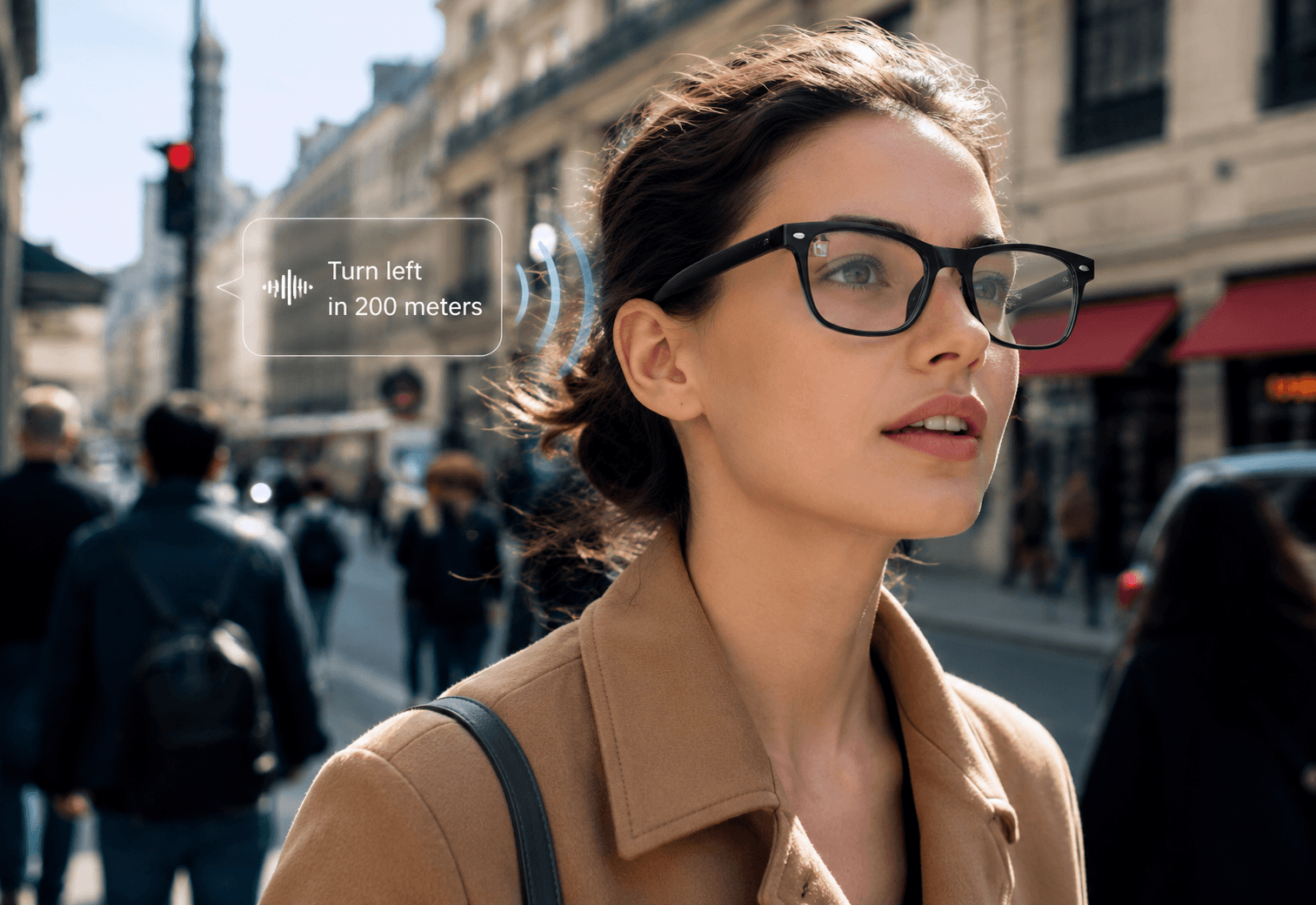 Woman using Vital Smart Glasses to navigate a busy street while hearing translations through open‑ear speakers.