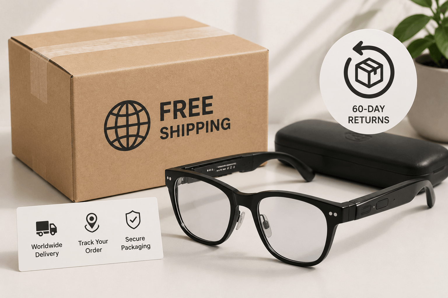 Illustration of a package with free shipping and a return arrow symbol.