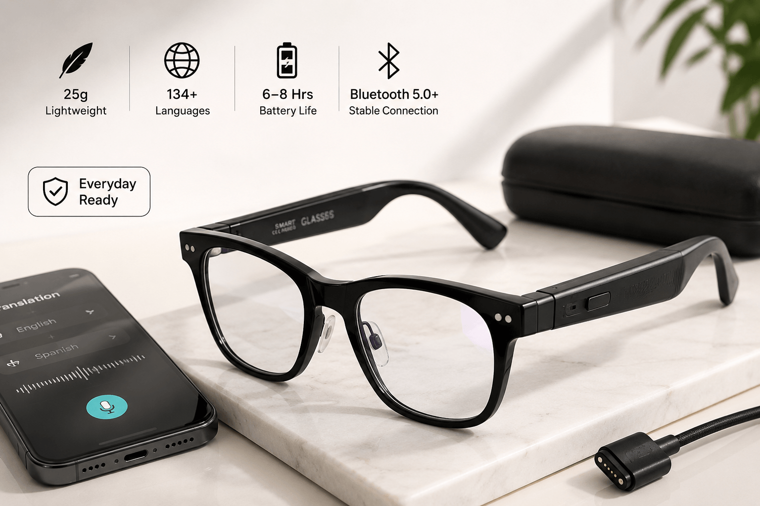 Vital Smart Glasses specifications table summarizing weight, translation languages, battery life and connectivity.