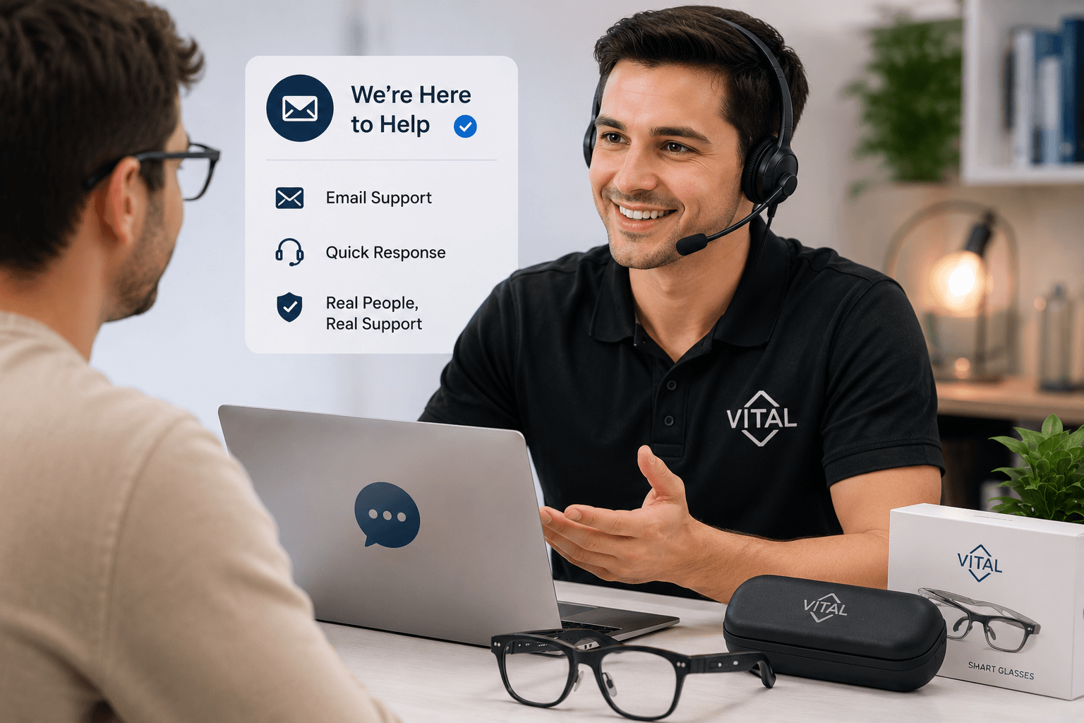 Customer support representative assisting a Vital Smart Glasses user via email.