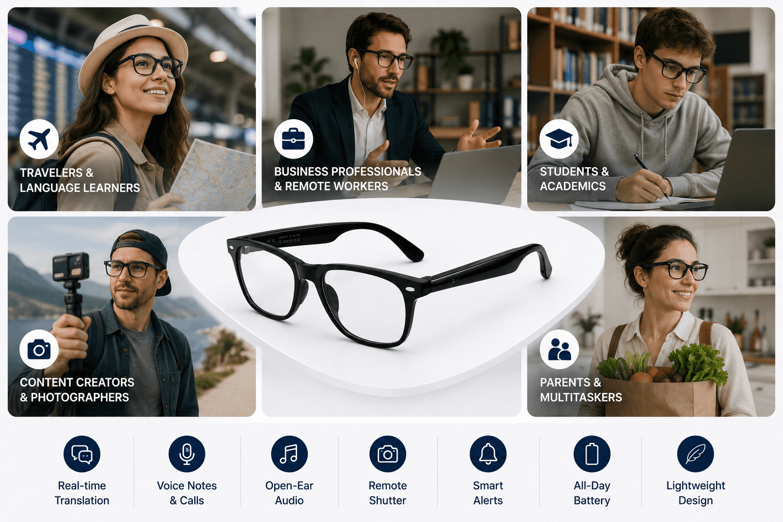 Icons representing travellers, professionals, students, creators and parents, all ideal users of Vital Smart Glasses.
